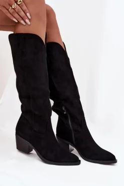 Online Boto Kozaki Kowbojki Damskie Na Obcasie Z Eko Zamszu Czarne Esmira