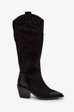 Damskie Artiker Kozaki Kowbojki Damskie Na Obcasie Z Naturalnego Zamszu 57C0232 Czarne