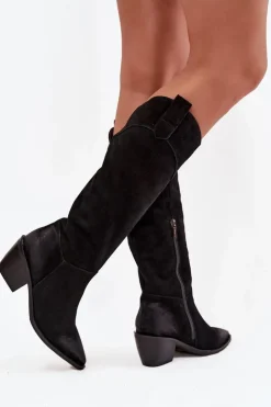 Damskie Artiker Kozaki Kowbojki Damskie Na Obcasie Z Naturalnego Zamszu 57C0232 Czarne