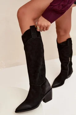 Damskie Artiker Kozaki Kowbojki Damskie Na Obcasie Z Naturalnego Zamszu 57C0232 Czarne