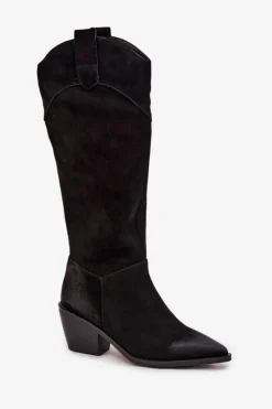 Damskie Artiker Kozaki Kowbojki Damskie Na Obcasie Z Naturalnego Zamszu 57C0232 Czarne