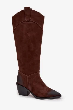 Damskie Artiker Kozaki Kowbojki Damskie Na Obcasie Z Naturalnego Zamszu 57C0230 Brązowe