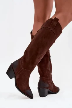 Damskie Artiker Kozaki Kowbojki Damskie Na Obcasie Z Naturalnego Zamszu 57C0230 Brązowe