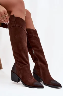 Damskie Artiker Kozaki Kowbojki Damskie Na Obcasie Z Naturalnego Zamszu 57C0230 Brązowe