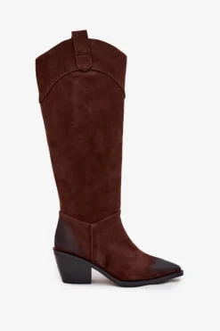 Damskie Artiker Kozaki Kowbojki Damskie Na Obcasie Z Naturalnego Zamszu 57C0230 Brązowe