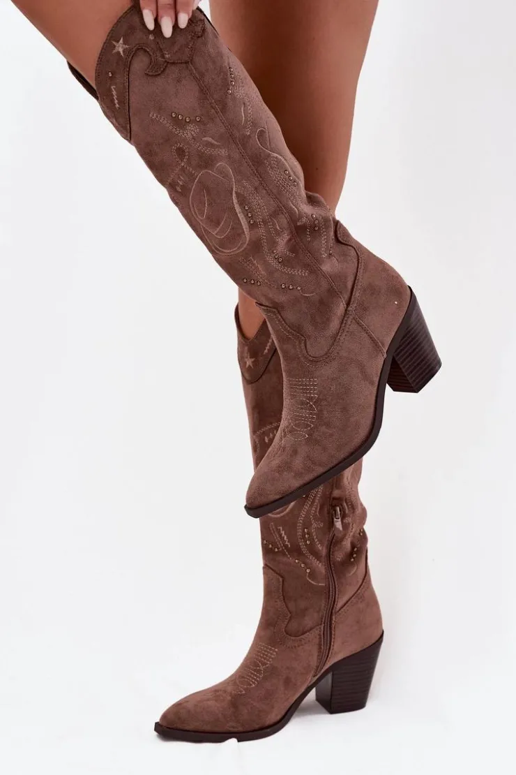 Online Boto Kozaki Kowbojki Damskie Na Słupku Z Eko Zamszu Khaki Coretta Beżowy