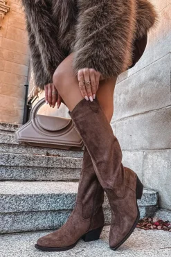 Damskie Boto Kozaki Kowbojki Damskie Na Obcasie Z Eko Zamszu Brązowe Esmira