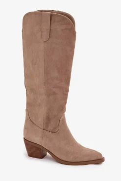 Boto Kozaki Na Słupku|Kozaki Przed Kolano*Kozaki Kowbojki Damskie Na Obcasie Z Eko Zamszu Beżowe Esmira Beżowy