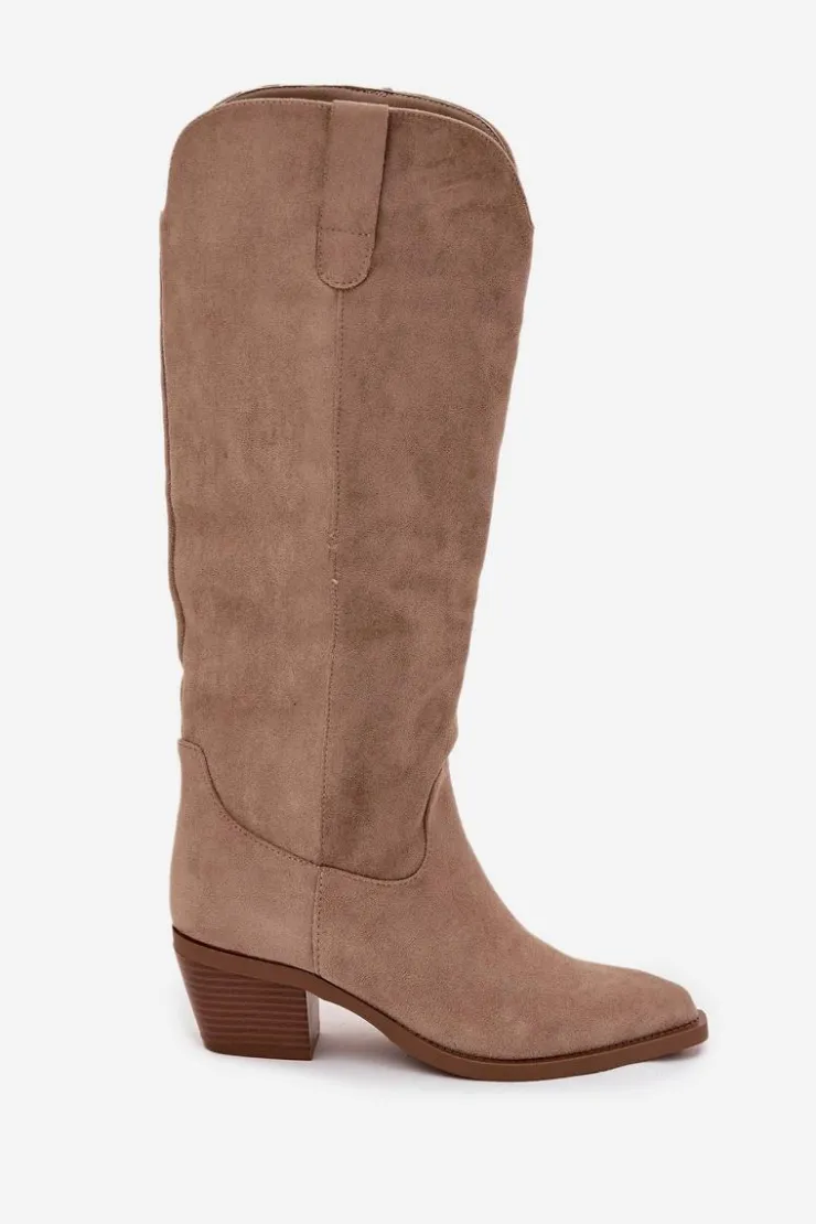 Boto Kozaki Na Słupku|Kozaki Przed Kolano*Kozaki Kowbojki Damskie Na Obcasie Z Eko Zamszu Beżowe Esmira Beżowy