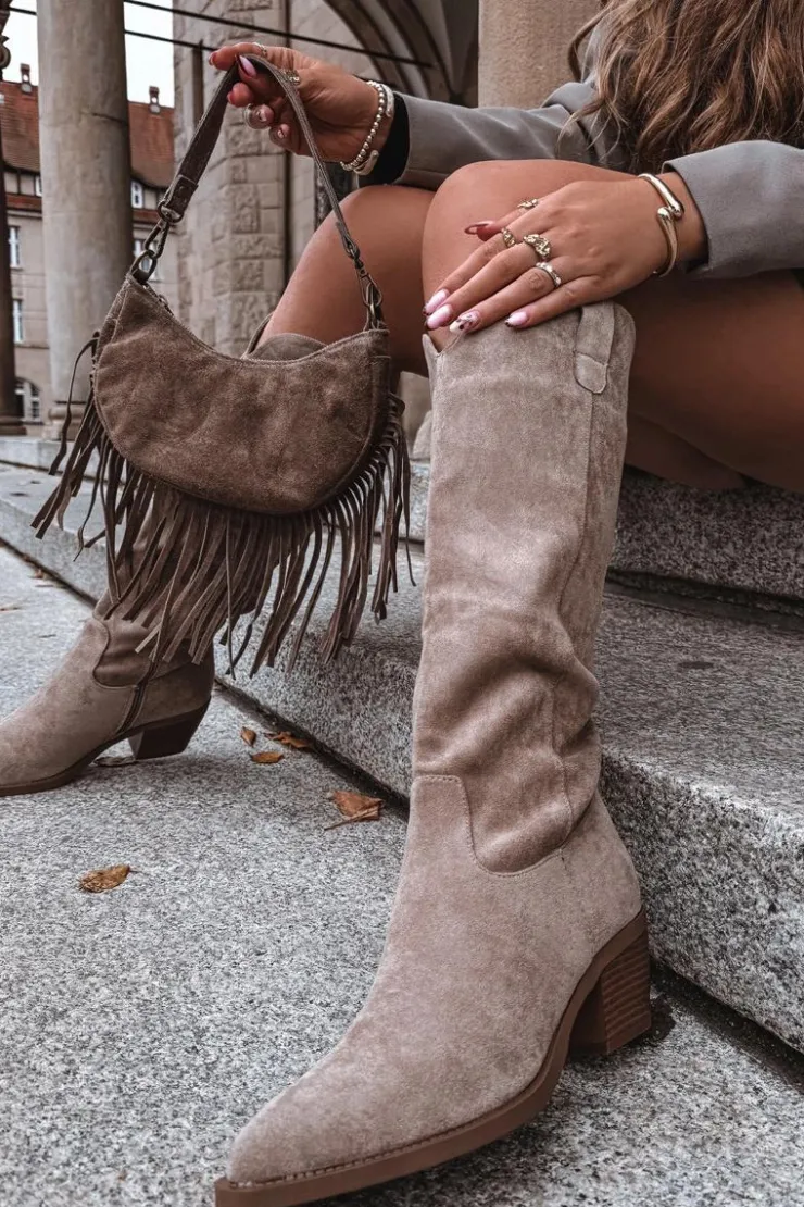 Boto Kozaki Na Słupku|Kozaki Przed Kolano*Kozaki Kowbojki Damskie Na Obcasie Z Eko Zamszu Beżowe Esmira Beżowy