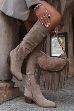 Boto Kozaki Na Słupku|Kozaki Przed Kolano*Kozaki Kowbojki Damskie Na Obcasie Z Eko Zamszu Beżowe Esmira Beżowy