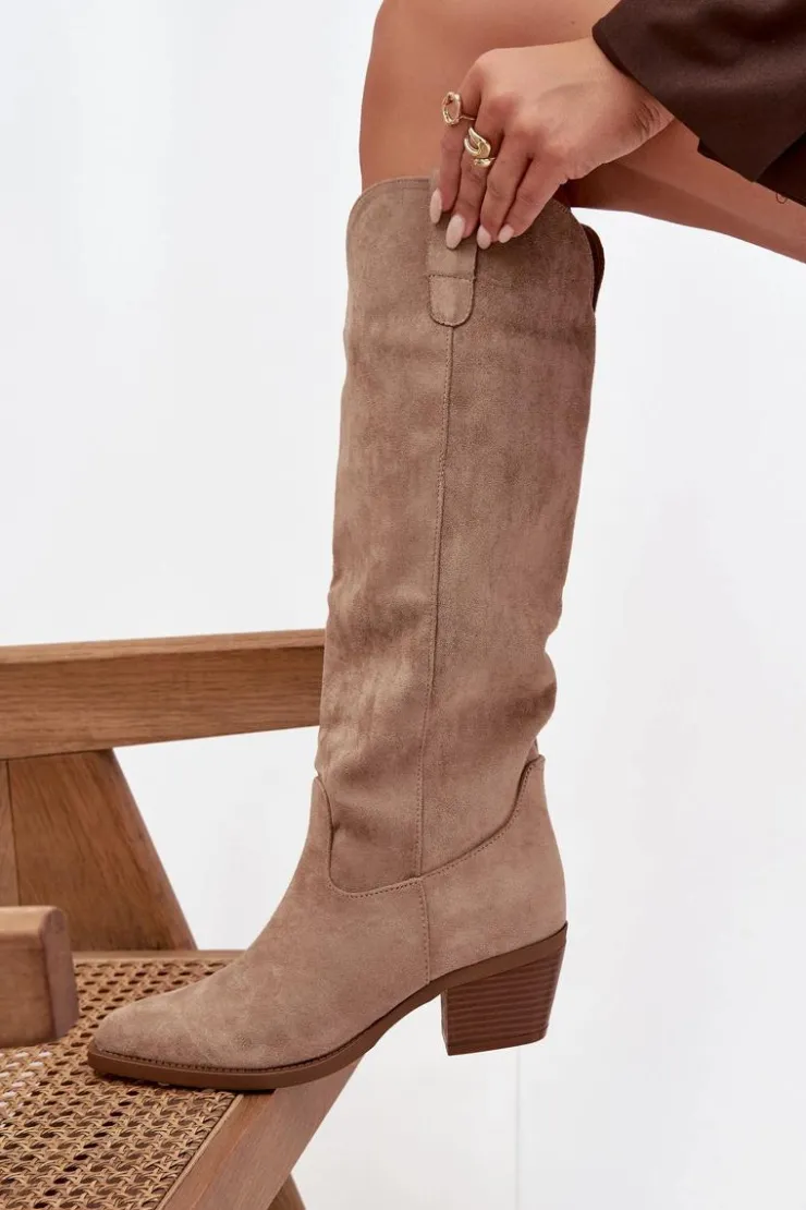 Boto Kozaki Na Słupku|Kozaki Przed Kolano*Kozaki Kowbojki Damskie Na Obcasie Z Eko Zamszu Beżowe Esmira Beżowy