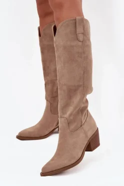 Boto Kozaki Na Słupku|Kozaki Przed Kolano*Kozaki Kowbojki Damskie Na Obcasie Z Eko Zamszu Beżowe Esmira Beżowy