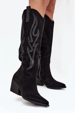 Damskie Boto Kozaki Kowbojki Damskie Ze Zdobieniem Na Słupku Czarne Jovina
