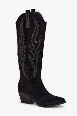 Damskie Boto Kozaki Kowbojki Damskie Ze Zdobieniem Na Słupku Czarne Jovina