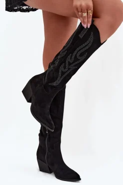 Damskie Boto Kozaki Kowbojki Damskie Ze Zdobieniem Na Słupku Czarne Jovina