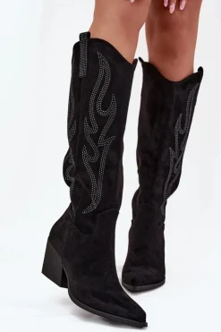 Damskie Boto Kozaki Kowbojki Damskie Ze Zdobieniem Na Słupku Czarne Jovina