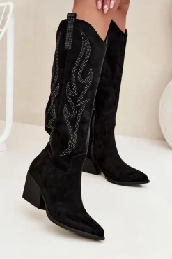 Damskie Boto Kozaki Kowbojki Damskie Ze Zdobieniem Na Słupku Czarne Jovina