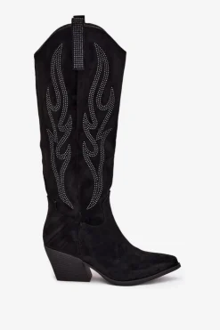 Damskie Boto Kozaki Kowbojki Damskie Ze Zdobieniem Na Słupku Czarne Jovina