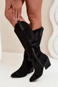 Damskie Boto Kozaki Kowbojki Damskie Ze Zdobieniem Na Słupku Czarne Jovina