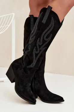 Damskie Boto Kozaki Kowbojki Damskie Ze Zdobieniem Na Słupku Czarne Jovina