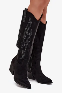 Damskie Boto Kozaki Kowbojki Damskie Ze Zdobieniem Na Słupku Czarne Jovina