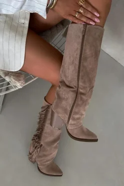 Boto Kozaki Ocieplane|Kozaki Na Słupku*Kozaki Kowbojki Damskie Z Frędzlami Na Słupku Beżowe Tivara Beżowy