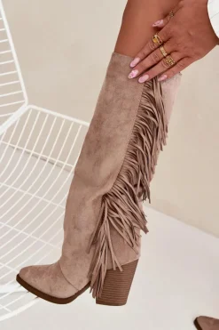 Boto Kozaki Ocieplane|Kozaki Na Słupku*Kozaki Kowbojki Damskie Z Frędzlami Na Słupku Beżowe Tivara Beżowy