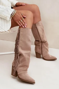 Boto Kozaki Ocieplane|Kozaki Na Słupku*Kozaki Kowbojki Damskie Z Frędzlami Na Słupku Beżowe Tivara Beżowy