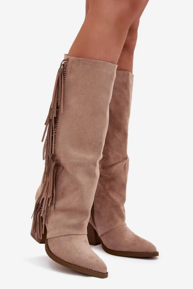 Boto Kozaki Ocieplane|Kozaki Na Słupku*Kozaki Kowbojki Damskie Z Frędzlami Na Słupku Beżowe Tivara Beżowy