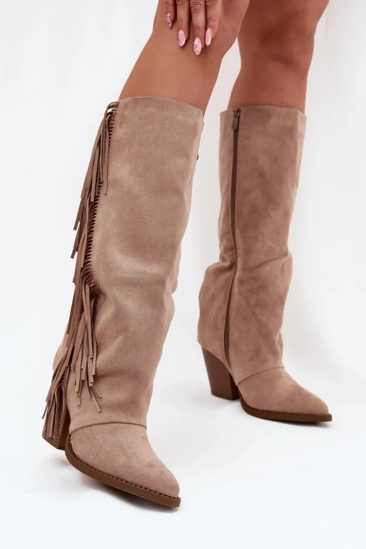 Boto Kozaki Ocieplane|Kozaki Na Słupku*Kozaki Kowbojki Damskie Z Frędzlami Na Słupku Beżowe Tivara Beżowy