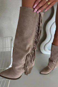 Boto Kozaki Ocieplane|Kozaki Na Słupku*Kozaki Kowbojki Damskie Z Frędzlami Na Słupku Beżowe Tivara Beżowy