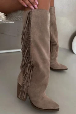 Boto Kozaki Ocieplane|Kozaki Na Słupku*Kozaki Kowbojki Damskie Z Frędzlami Na Słupku Beżowe Tivara Beżowy