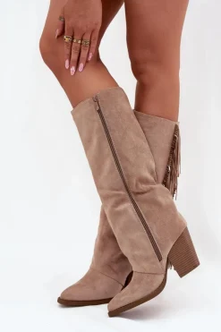 Boto Kozaki Ocieplane|Kozaki Na Słupku*Kozaki Kowbojki Damskie Z Frędzlami Na Słupku Beżowe Tivara Beżowy