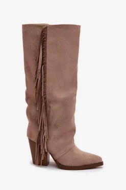 Boto Kozaki Ocieplane|Kozaki Na Słupku*Kozaki Kowbojki Damskie Z Frędzlami Na Słupku Beżowe Tivara Beżowy