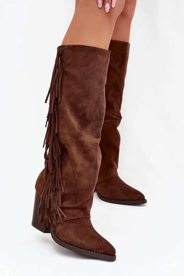 Boto Kozaki Kowbojki Damskie Z Frędzlami Na Słupku Brązowe Tivara