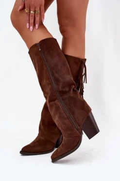 Boto Kozaki Kowbojki Damskie Z Frędzlami Na Słupku Brązowe Tivara