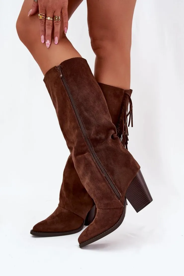 Boto Kozaki Kowbojki Damskie Z Frędzlami Na Słupku Brązowe Tivara