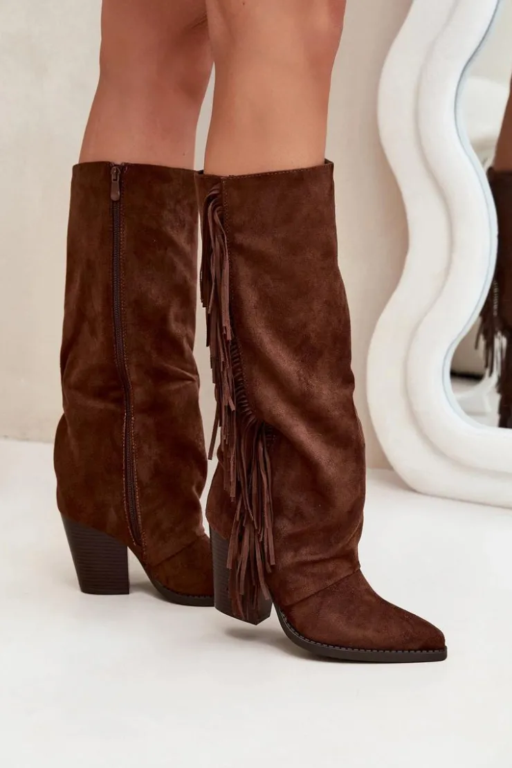 Boto Kozaki Kowbojki Damskie Z Frędzlami Na Słupku Brązowe Tivara