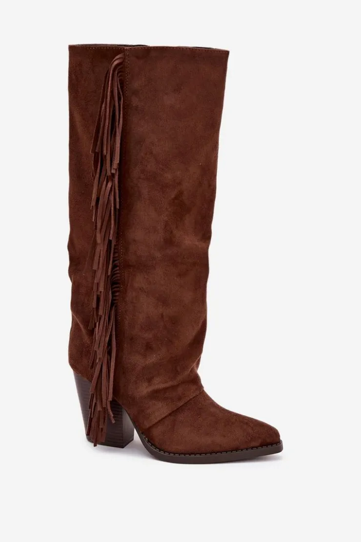Boto Kozaki Kowbojki Damskie Z Frędzlami Na Słupku Brązowe Tivara