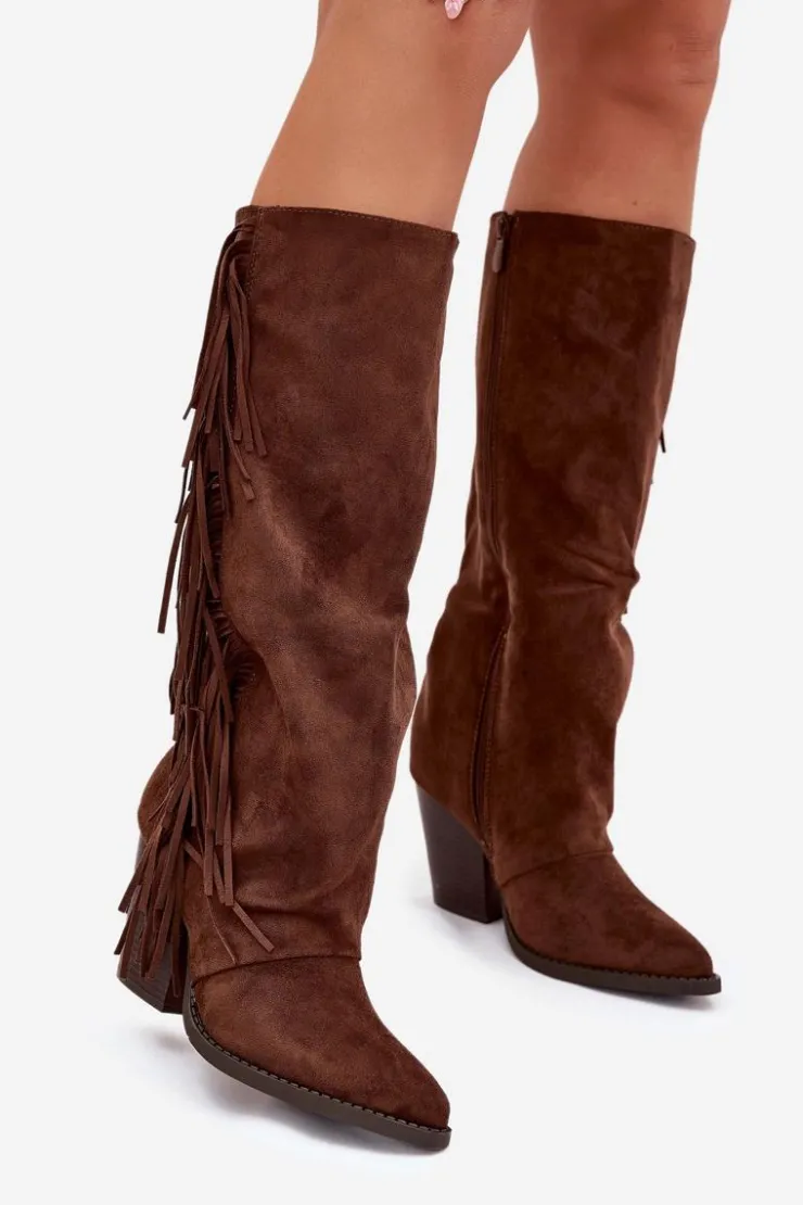 Boto Kozaki Kowbojki Damskie Z Frędzlami Na Słupku Brązowe Tivara