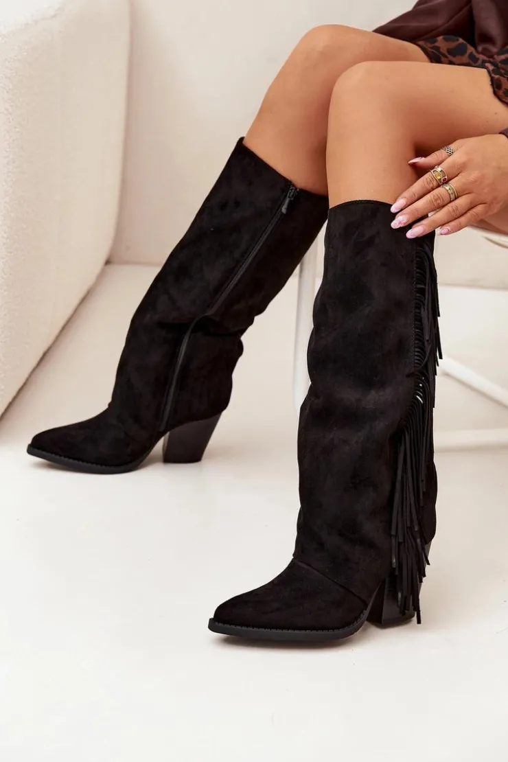 Damskie Boto Kozaki Kowbojki Damskie Z Frędzlami Na Słupku Czarne Tivara