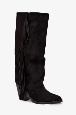 Damskie Boto Kozaki Kowbojki Damskie Z Frędzlami Na Słupku Czarne Tivara