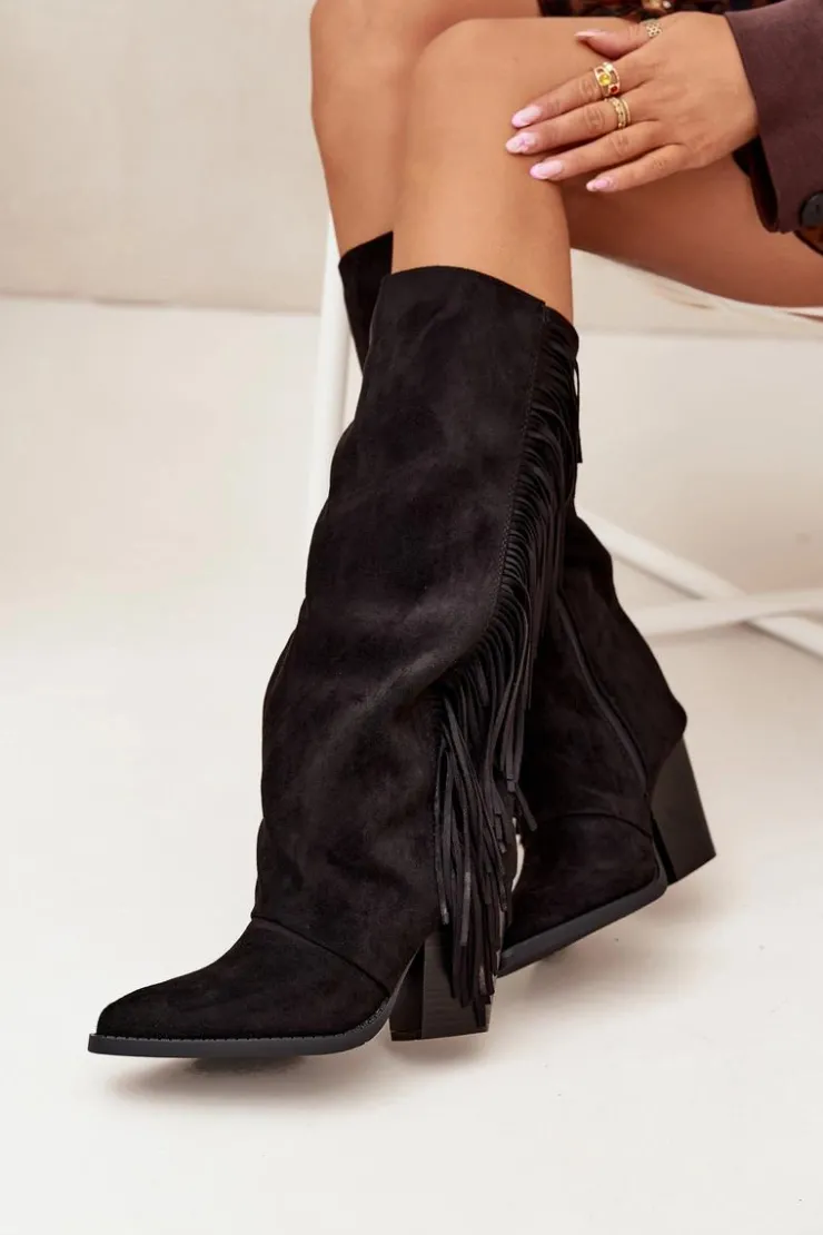 Damskie Boto Kozaki Kowbojki Damskie Z Frędzlami Na Słupku Czarne Tivara