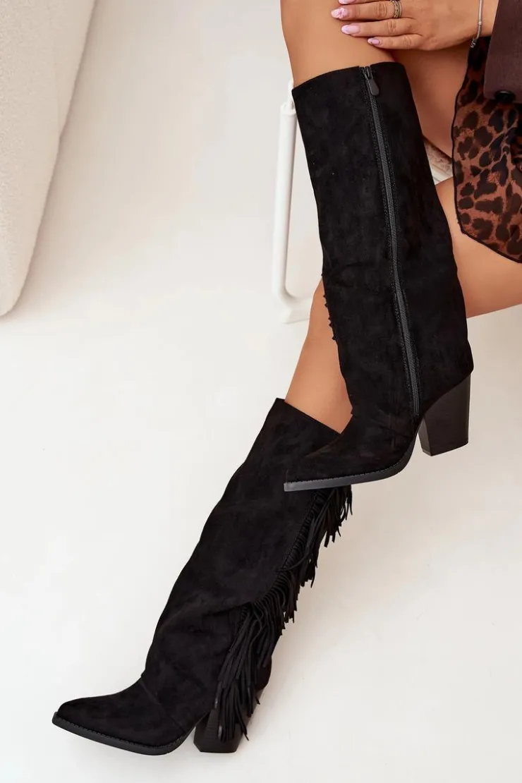 Damskie Boto Kozaki Kowbojki Damskie Z Frędzlami Na Słupku Czarne Tivara