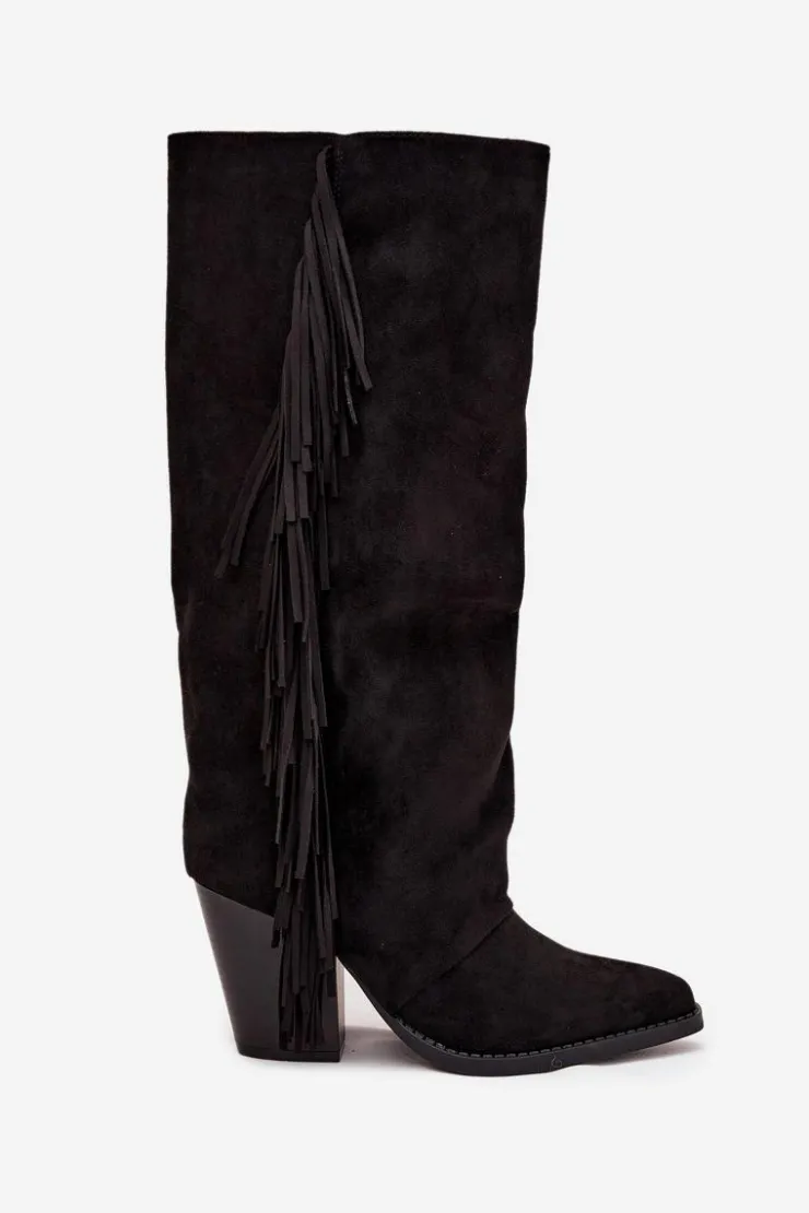 Damskie Boto Kozaki Kowbojki Damskie Z Frędzlami Na Słupku Czarne Tivara