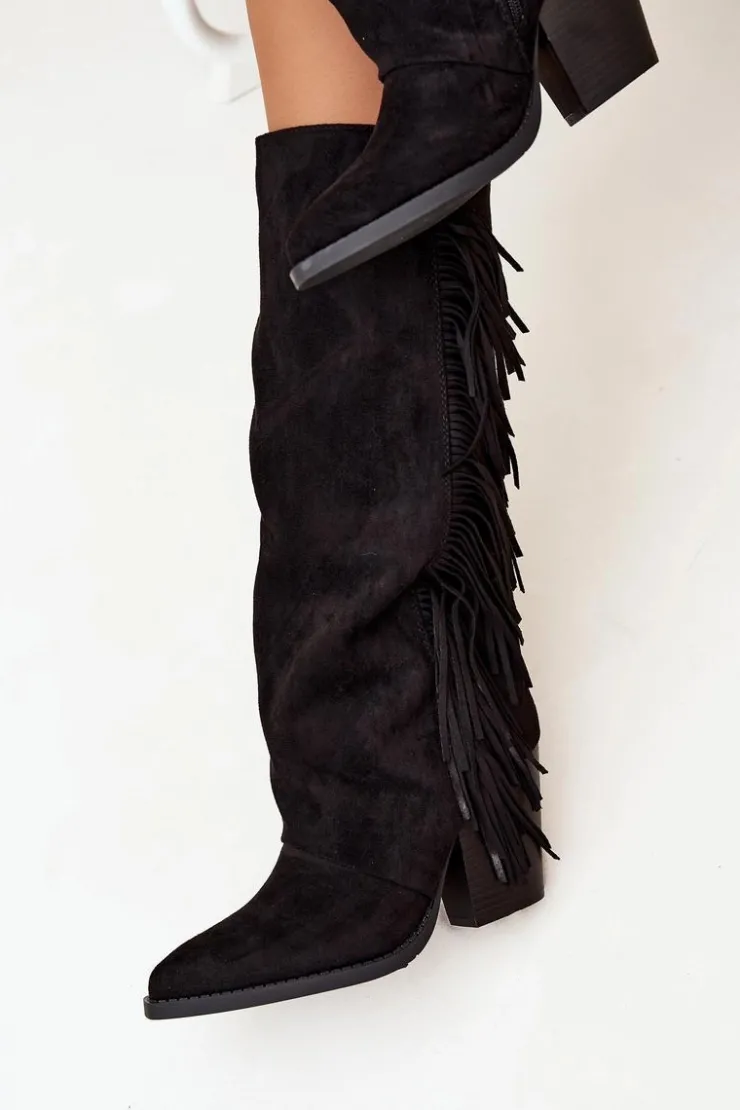 Damskie Boto Kozaki Kowbojki Damskie Z Frędzlami Na Słupku Czarne Tivara