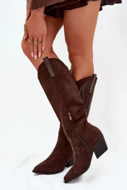 Online Boto Kozaki Kowbojki Damskie Ze Zdobieniem Na Słupku Czekoladowe Jovina Brązowy
