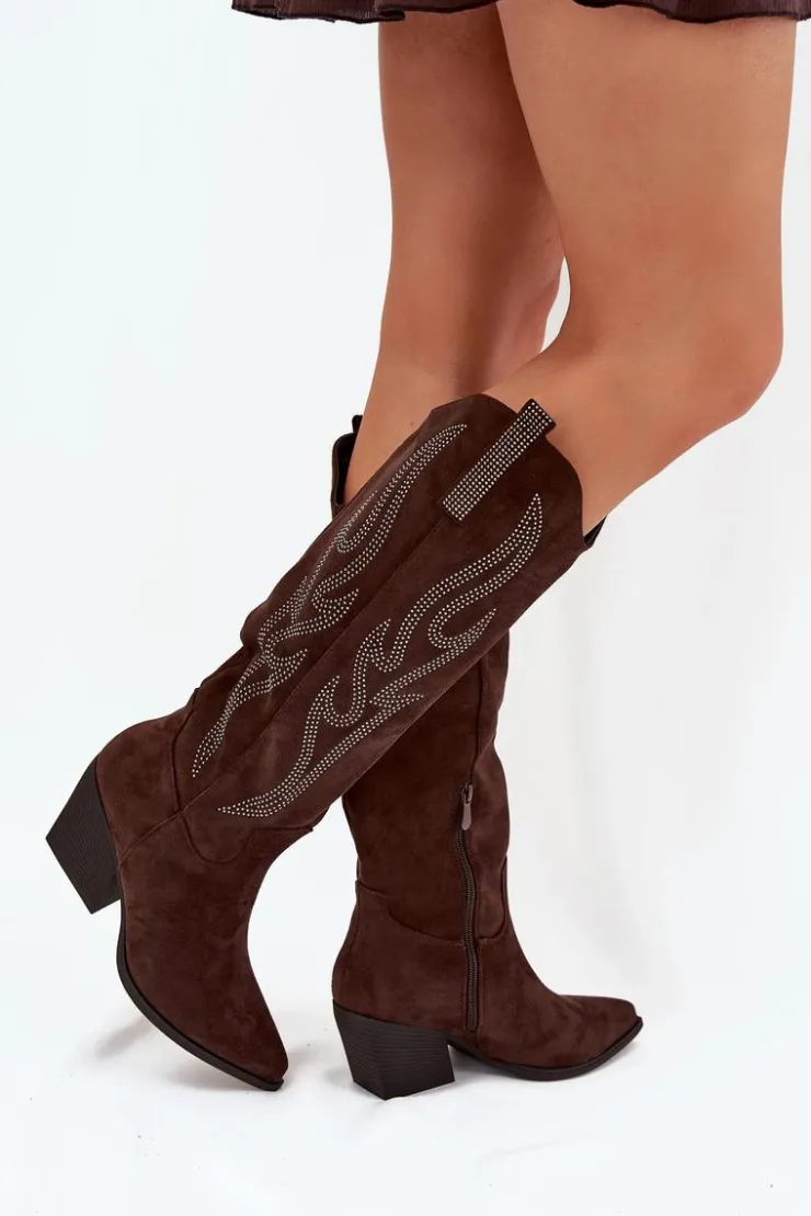 Online Boto Kozaki Kowbojki Damskie Ze Zdobieniem Na Słupku Czekoladowe Jovina Brązowy