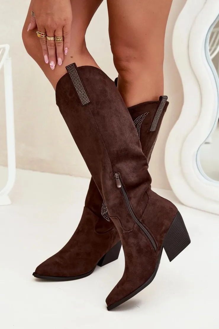 Online Boto Kozaki Kowbojki Damskie Ze Zdobieniem Na Słupku Czekoladowe Jovina Brązowy